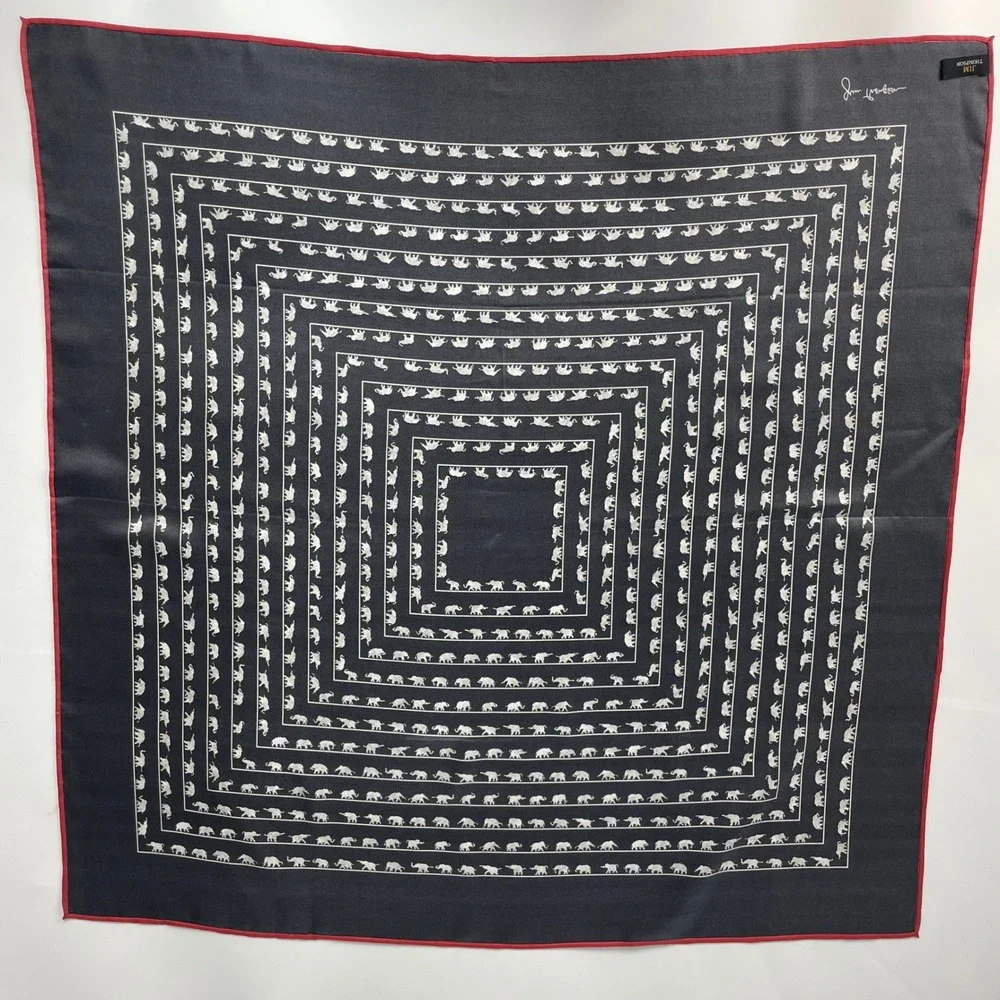 Jim Thompson Silk Scarf Elephant Print Navy Blue Red Border Square Scarf Animal